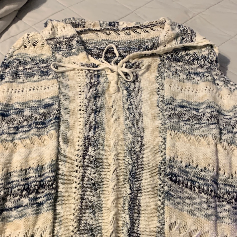Knit Hooded Sweater Vest in Blue and Cream